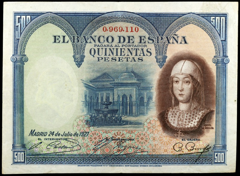 1927. 500 pesetas. (Ed. B130) (Ed. 346). 24 de julio, Isabel la Católica. Sello ...