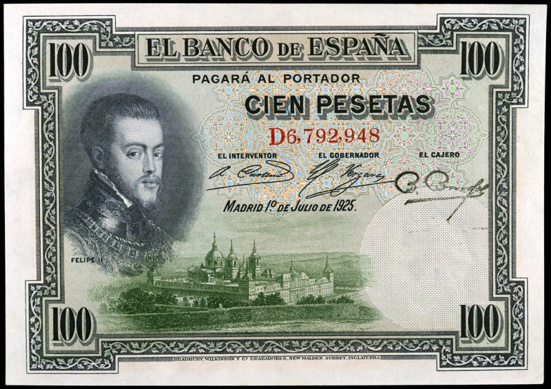 1925. 100 pesetas. (Ed. C1) (Ed. 350). 1 de julio, Felipe II. Serie D. S/C.