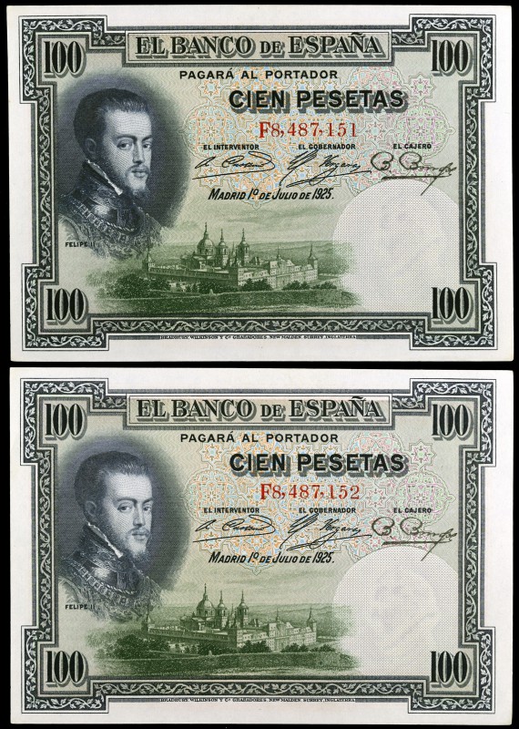 1925. 100 pesetas. (Ed. C1) (Ed. 350). 1 de julio, Felipe II. Pareja correlativa...