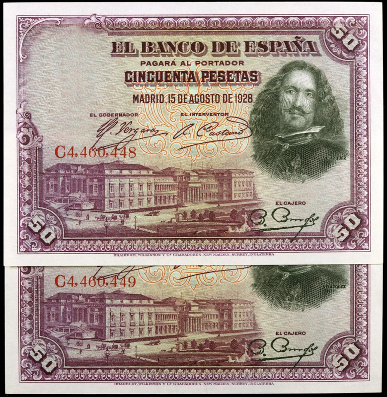 1928. 50 pesetas. (Ed. C5) (Ed. 354). 15 de agosto, Velázquez. Pareja correlativ...