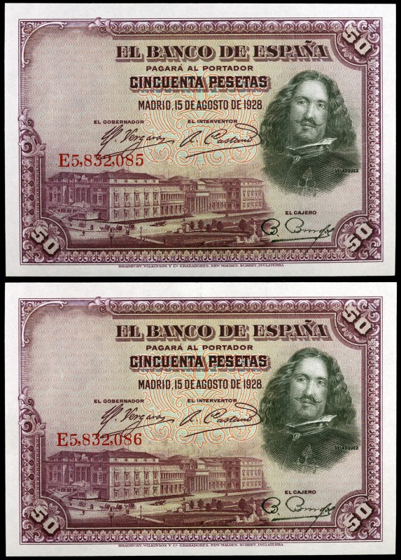 1928. 50 pesetas. (Ed. C5) (Ed. 354). 15 de agosto, Velázquez. Pareja correlativ...