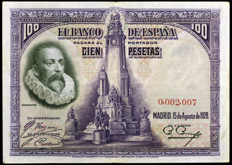 1928. 100 pesetas. (Ed. C6) (Ed. 355). 15 de agosto, Cervantes. Sin serie, nº 00...