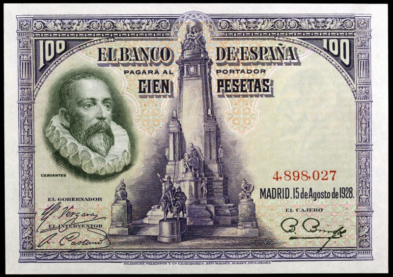 1928. 100 pesetas. (Ed. C6) (Ed. 355). 15 de agosto, Cervantes. Sin serie. S/C-.