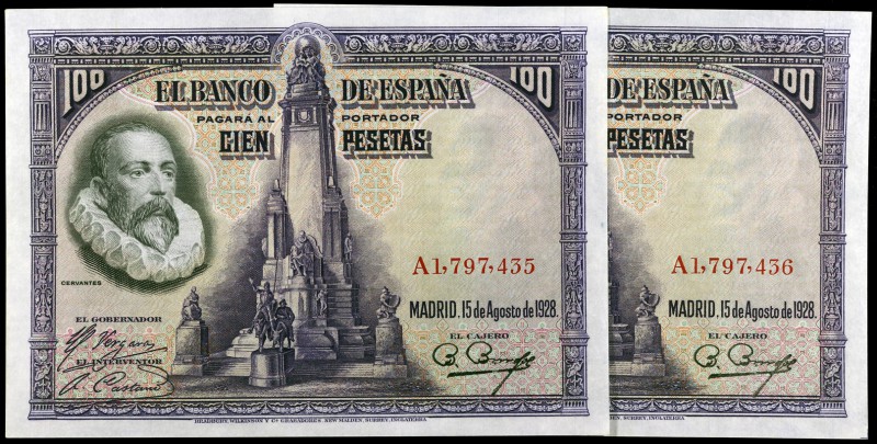 1928. 100 pesetas. (Ed. C6a) (Ed. 355a). 15 de agosto, Cervantes. Pareja correla...