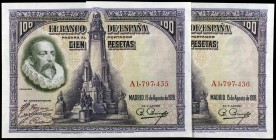 1928. 100 pesetas. (Ed. C6a) (Ed. 355a). 15 de agosto, Cervantes. Pareja correlativa, serie A. S/C.