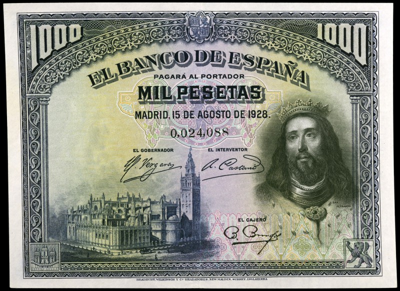 1928. 1000 pesetas. (Ed. C8) (Ed. 357). 15 de agosto, San Fernando. Numeración m...