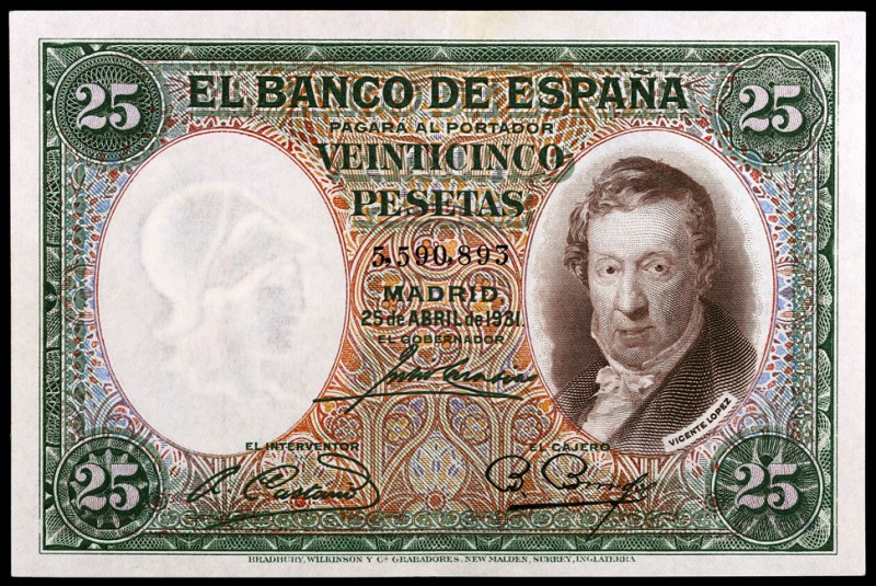 1931. 25 pesetas. (Ed. C9) (Ed. 358). 25 de abril, Vicente López. Doblez central...