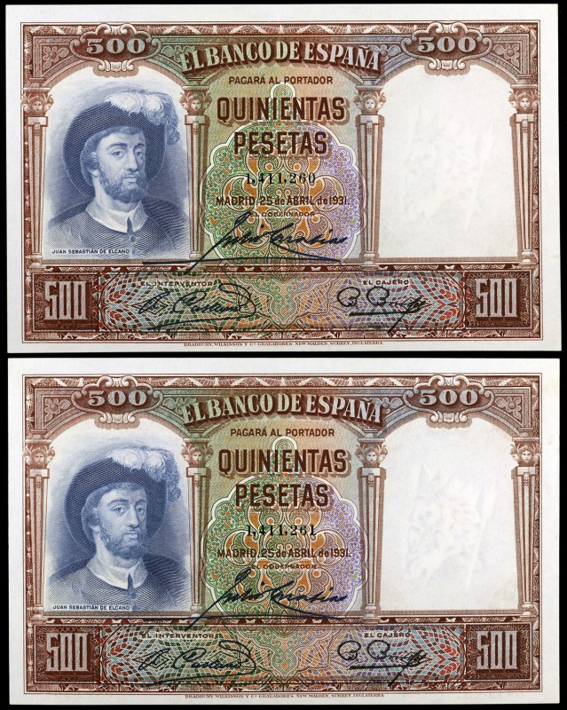 1931. 500 pesetas. (Ed. C12) (Ed. 361). 25 de abril, Elcano. Pareja correlativa....