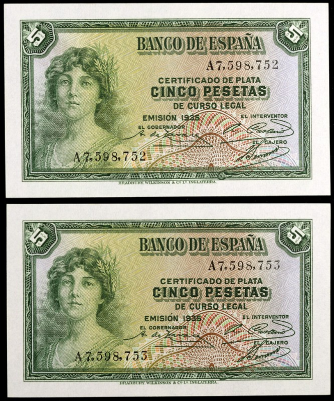 1935. 5 pesetas. (Ed. C14a) (Ed. 363a). Pareja correlativa, serie A. S/C.