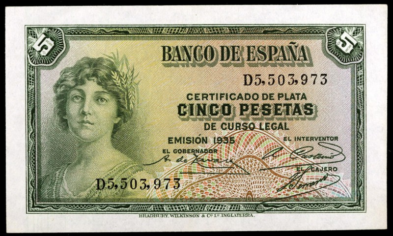 1935. 5 pesetas. (Ed. C14a) (Ed. 363a). Serie D. S/C-.