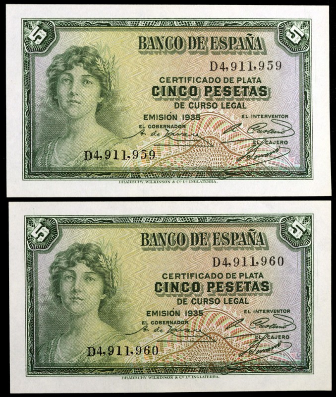 1935. 5 pesetas. (Ed. C14a) (Ed. 363a). Pareja correlativa. Serie D. S/C.