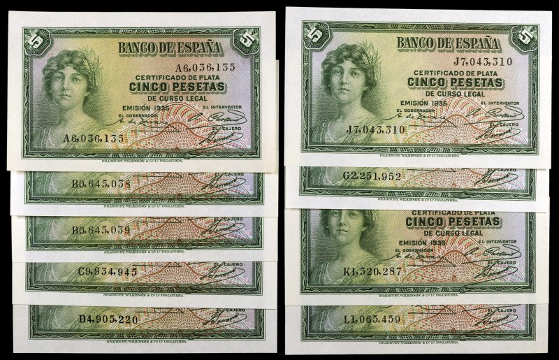 1935. 5 pesetas. (Ed. C14a) (Ed. 363a). Lote de 9 billetes, series: A, B (pareja...