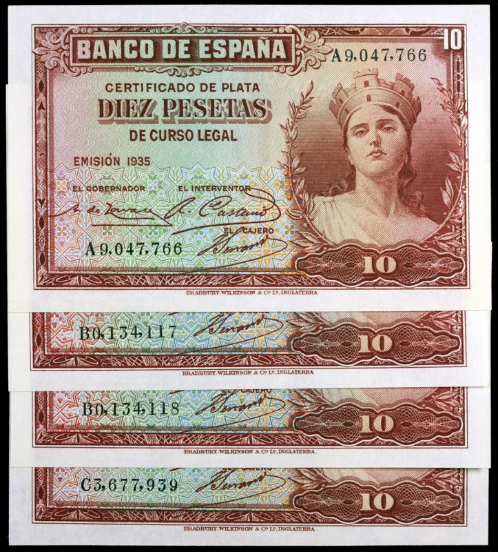 1935. 10 pesetas. (Ed. C15a) (Ed. 364a). 4 billetes, series: A, B (pareja correl...