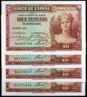 1935. 10 pesetas. (Ed. C15a) (Ed. 364a). 4 billetes, series: A, B (pareja correlativa) y C. S/C-/S/C.
