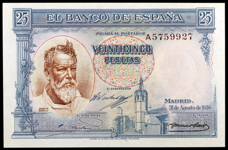 1936. 25 pesetas. (Ed. C18a) (Ed. 367a). 31 de agosto, Sorolla. Serie A. S/C.