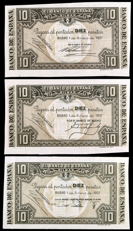 1937. Bilbao. 10 pesetas. (Ed. C38a, b y c) (Ed. 387a, b y g). 1 de enero. 3 bil...