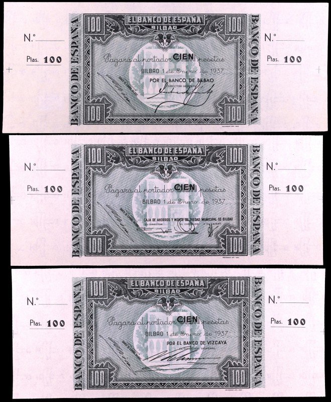 1937. Bilbao. 100 pesetas. (Ed. C41a, b y c) (Ed. 390 a, b y c). 1 de enero. 3 b...