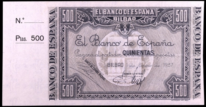 1937. Bilbao. 500 pesetas. (Ed. NE26b). 1 de enero. Antefirma Banco Central. Rar...