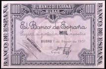 1937. Bilbao. 1000 pesetas. (Ed. NE27e). 1 de enero. Error de impresión sin fondo violeta. Raro. S/C-.
