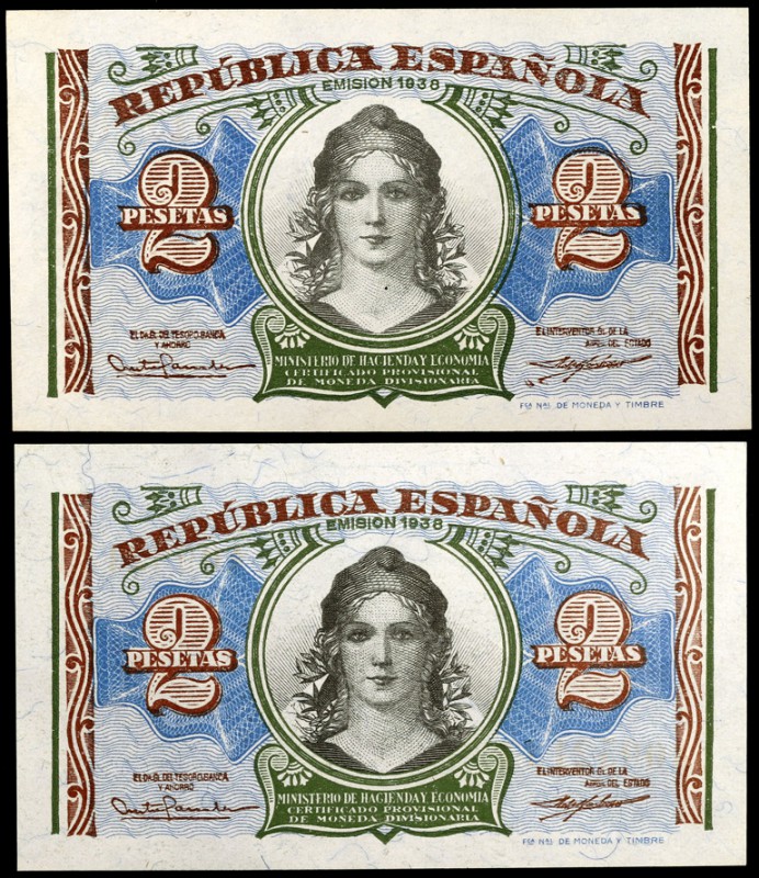 1938. 2 pesetas. (Ed. C44) (Ed. 393). 2 billetes. Series A y B. S/C.