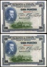 1925. 100 pesetas. (Ed. B127 y BD11) (Ed. 344 y 410A). 1 de julio, Felipe II. Pareja correlativa, serie B. Uno con sellos en seco del Gobierno Provisi...