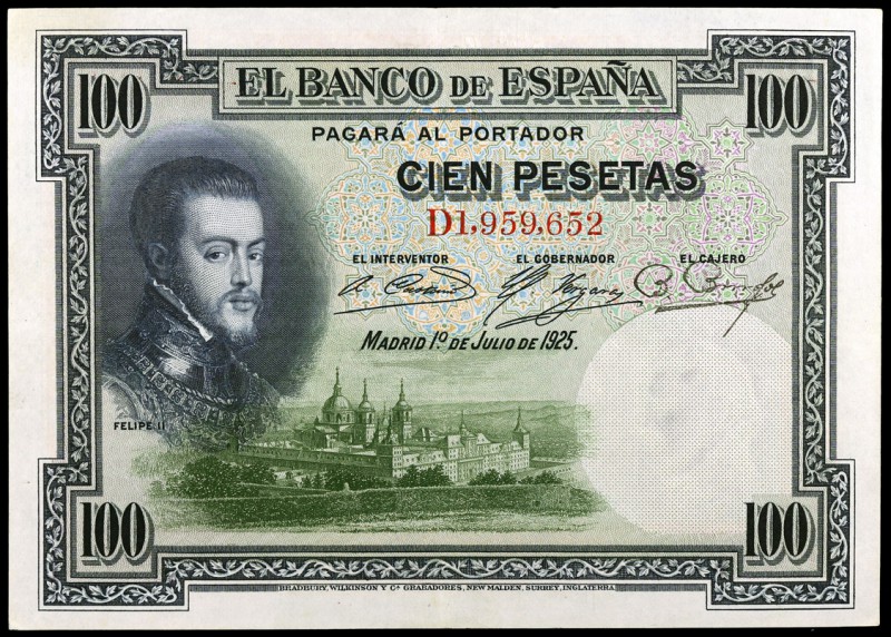 1925. 100 pesetas. (Ed. D11) (Ed. 410). 1 de julio, Felipe II. Serie D. Con sell...