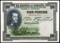 1925. 100 pesetas. (Ed. D11) (Ed. 410). 1 de julio, Felipe II. Serie D. Con sello en seco del Estado Español - Burgos. Leve doblez. EBC.