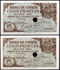 1936. Burgos. 5 pesetas. (Ed. D18na var) (Ed. 417T). 21 de noviembre. Pareja correlativa con taladro. Dos puntitos de aguja. S/C-.