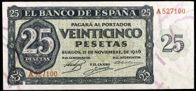 1936. Burgos. 25 pesetas. (Ed. D20) (Ed. 419). 21 de noviembre. Serie A. Falta una tira de seguridad. Raro. (S/C-).