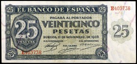 1936. Burgos. 25 pesetas. (Ed. D20a) (Ed. 419a). 21 de noviembre, serie E. Doblez central. EBC-.