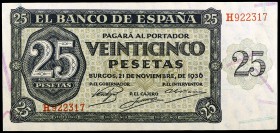 1936. Burgos. 25 pesetas. (Ed. D20a) (Ed. 419a). 21 de noviembre, serie H. S/C.