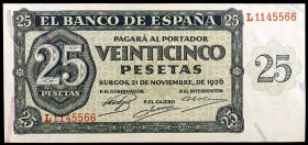 1936. Burgos. 25 pesetas. (Ed. D20a) (Ed. 419a). 21 de noviembre. Serie L. S/C.