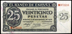 1936. Burgos. 25 pesetas. (Ed. D20a) (Ed. 419a). 21 de noviembre, serie M. S/C.