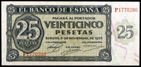 1936. Burgos. 25 pesetas. (Ed. D20a) (Ed. 419a). 21 de noviembre. Serie P. Raro así. S/C-.