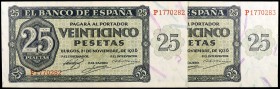 1936. Burgos. 25 pesetas. (Ed. D20a) (Ed. 419a). 21 de noviembre. Pareja correlativa, serie P. S/C.