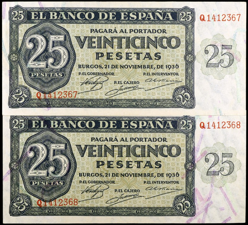 1936. Burgos. 25 pesetas. (Ed. D20a) (Ed. 419a). 21 de noviembre. Pareja correla...