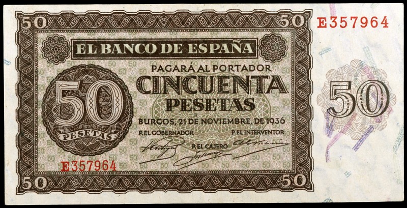 1936. Burgos. 50 pesetas. (Ed. D21a) (Ed. 420a). 21 de noviembre. Serie E. Raro....