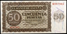 1936. Burgos. 50 pesetas. (Ed. D21a) (Ed. 420a). 21 de noviembre. Serie G. Raro. S/C.