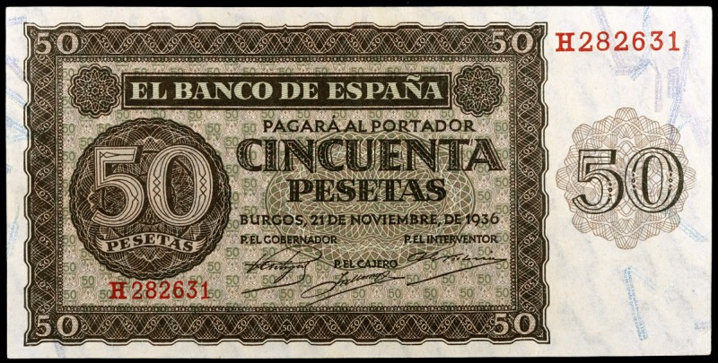 1936. Burgos. 50 pesetas. (Ed. D21a) (Ed. 420a). 21 de noviembre. Serie H. Raro....