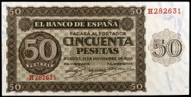 1936. Burgos. 50 pesetas. (Ed. D21a) (Ed. 420a). 21 de noviembre. Serie H. Raro. S/C.