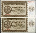 1936. Burgos. 50 pesetas. (Ed. D21a) (Ed. 420a). 21 de noviembre. Pareja correlativa, serie P. Raros. S/C.