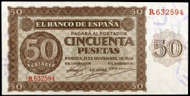 1936. Burgos. 50 pesetas. (Ed. D21a) (Ed. 420a). 21 de noviembre. Serie R. Doblez central, casi inapreciable. Raro. EBC+.