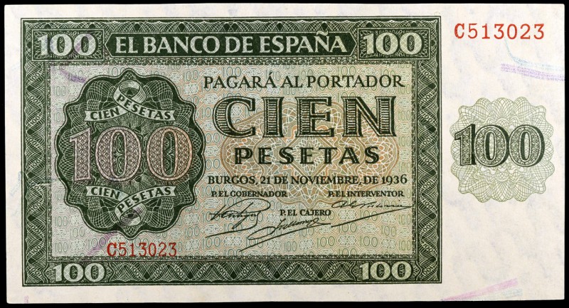 1936. Burgos. 100 pesetas. (Ed. D22a) (Ed. 421a). 21 de noviembre, serie C. Leví...