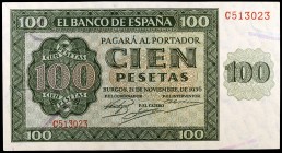 1936. Burgos. 100 pesetas. (Ed. D22a) (Ed. 421a). 21 de noviembre, serie C. Levísimo doblez central. EBC+.