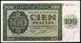 1936. Burgos. 100 pesetas. (Ed. D22a) (Ed. 421a). 21 de noviembre, serie F. Leve doblez. EBC-.