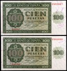 1936. Burgos. 100 pesetas. (Ed. D22a) (Ed. 421a). 21 de noviembre. Pareja correlativa, serie J. Raros así. S/C.
