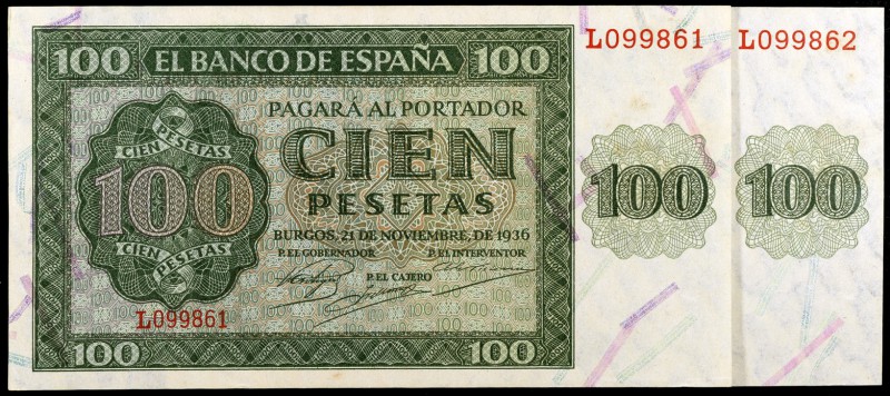 1936. Burgos. 100 pesetas. (Ed. D22a) (Ed. 421a). 21 de noviembre. Pareja correl...
