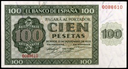 1936. Burgos. 100 pesetas. (Ed. D22a) (Ed. 421a). 21 de noviembre. Serie O. Doblez central. EBC-.