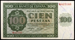 1936. Burgos. 100 pesetas. (Ed. D22a) (Ed. 421a). 21 de noviembre. Serie Q. Levísimo doblez. EBC+.