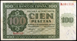 1936. Burgos. 100 pesetas. (Ed. D22a) (Ed. 421a). 21 de noviembre. Serie R. Leve doblez y manchita. EBC-.